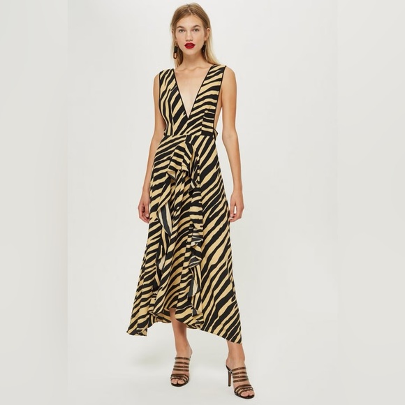 NWT Topshop Midi Tiger Print Zebra Print Pinafore Ruffle Dress 4 - Picture 2 of 12